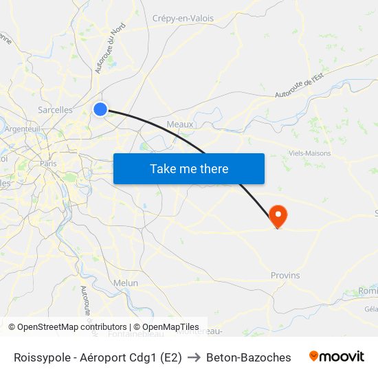 Roissypole - Aéroport Cdg1 (E2) to Beton-Bazoches map