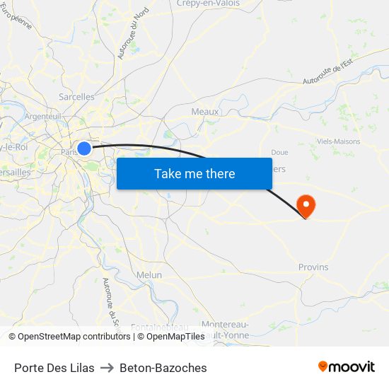 Porte Des Lilas to Beton-Bazoches map