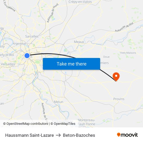Haussmann Saint-Lazare to Beton-Bazoches map