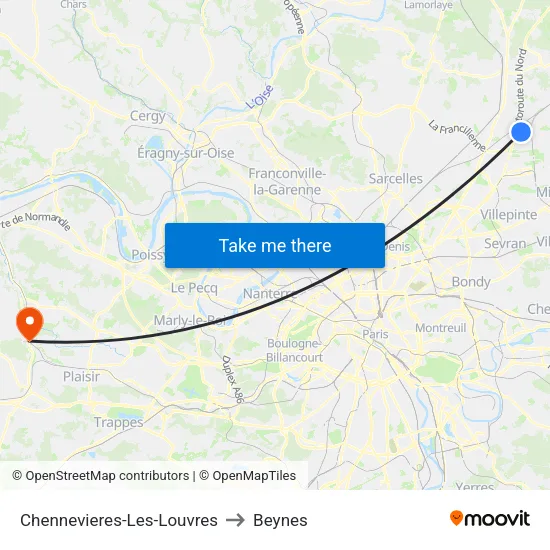 Chennevieres-Les-Louvres to Beynes map