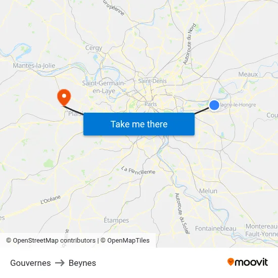 Gouvernes to Beynes map