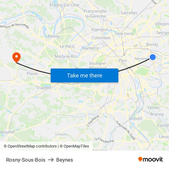 Rosny-Sous-Bois to Beynes map