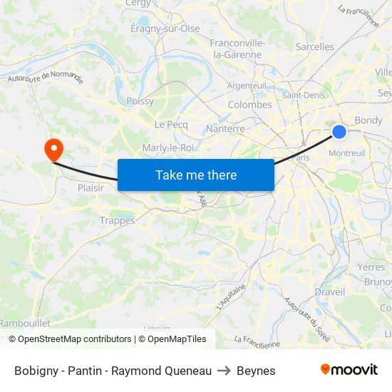 Bobigny - Pantin - Raymond Queneau to Beynes map