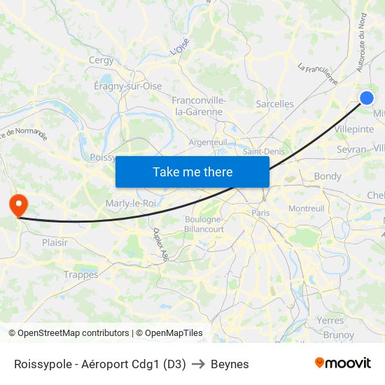 Roissypole - Aéroport Cdg1 (D3) to Beynes map