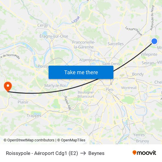 Roissypole - Aéroport Cdg1 (E2) to Beynes map