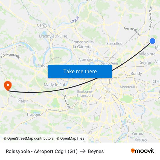 Roissypole - Aéroport Cdg1 (G1) to Beynes map