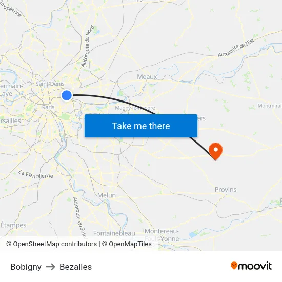 Bobigny to Bezalles map