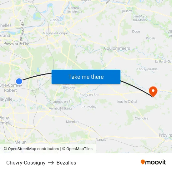 Chevry-Cossigny to Bezalles map