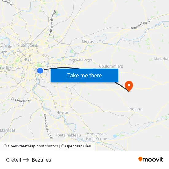 Creteil to Bezalles map