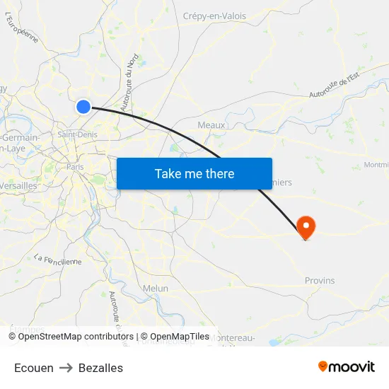 Ecouen to Bezalles map
