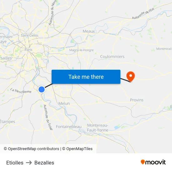 Etiolles to Bezalles map