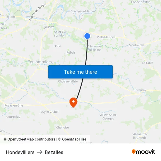 Hondevilliers to Bezalles map
