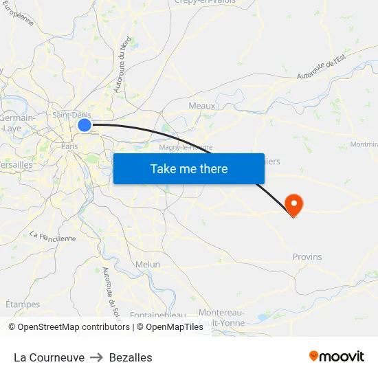 La Courneuve to Bezalles map