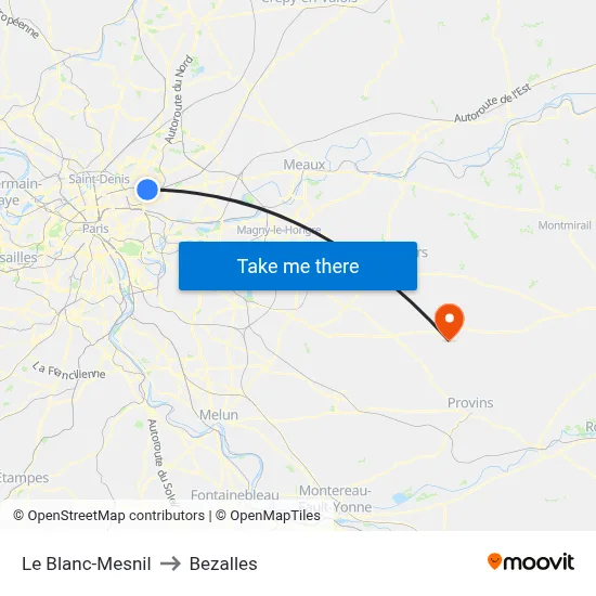 Le Blanc-Mesnil to Bezalles map