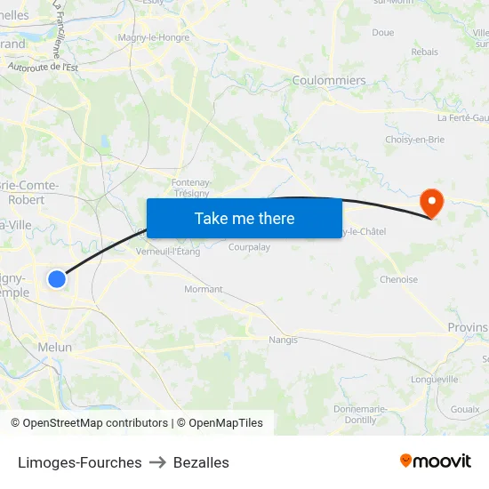 Limoges-Fourches to Bezalles map