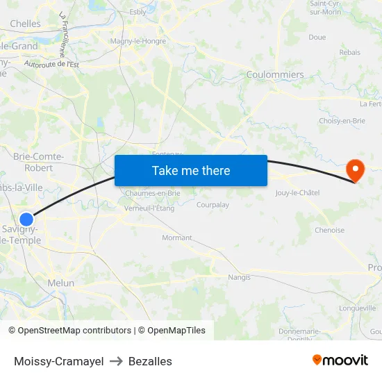 Moissy-Cramayel to Bezalles map
