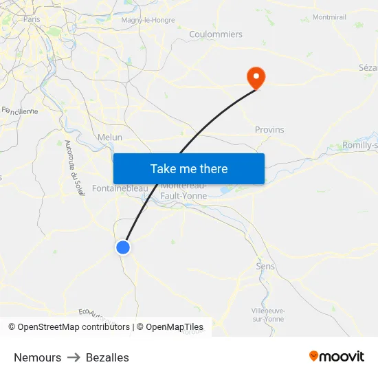 Nemours to Bezalles map