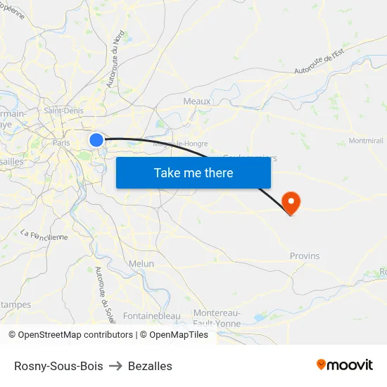 Rosny-Sous-Bois to Bezalles map