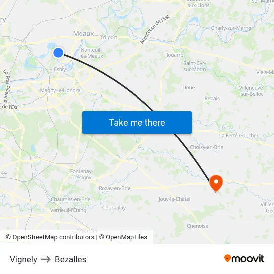 Vignely to Bezalles map