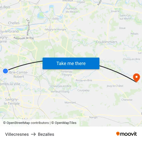 Villecresnes to Bezalles map
