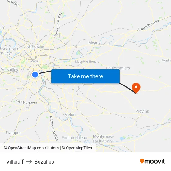 Villejuif to Bezalles map