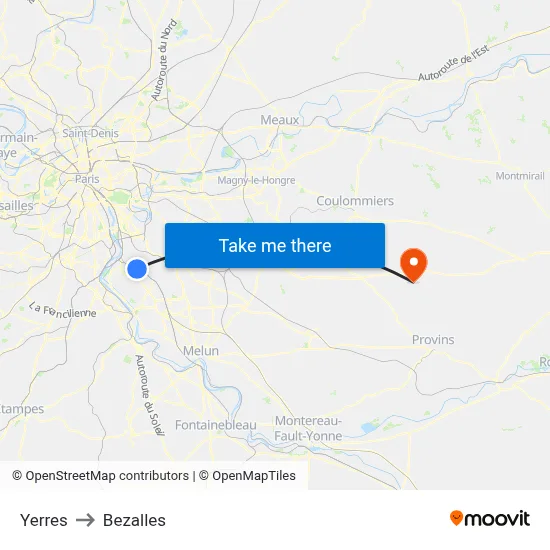 Yerres to Bezalles map