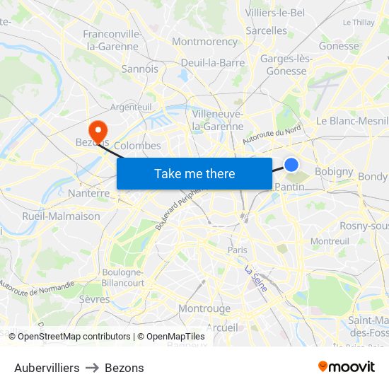 Aubervilliers to Bezons map