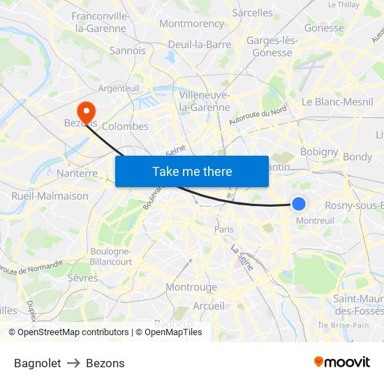 Bagnolet to Bezons map