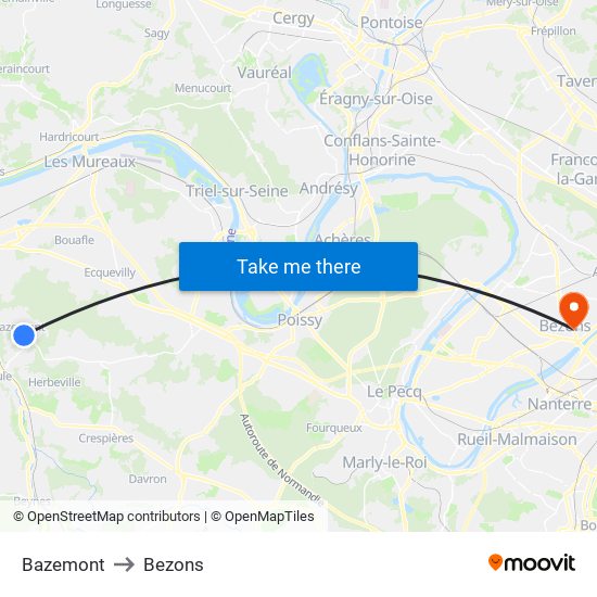 Bazemont to Bezons map
