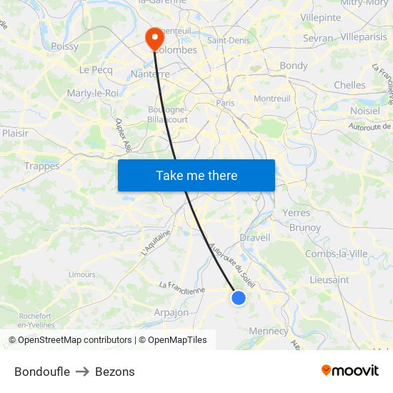 Bondoufle to Bezons map