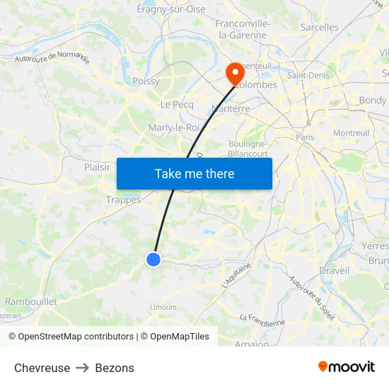 Chevreuse to Bezons map