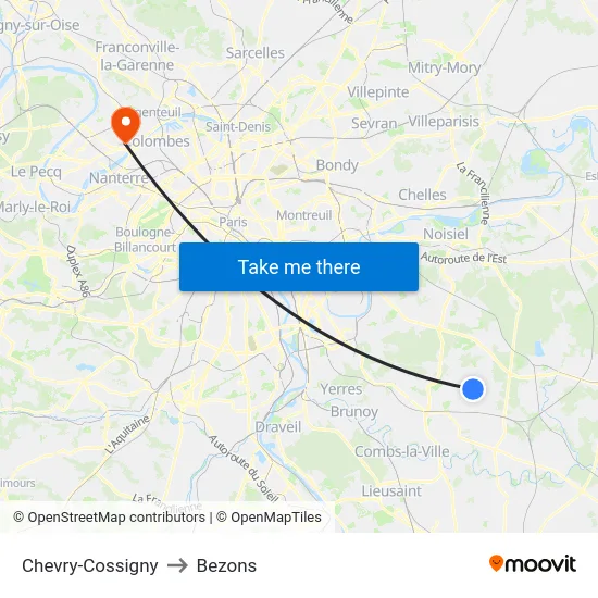 Chevry-Cossigny to Bezons map