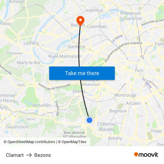 Clamart to Bezons map