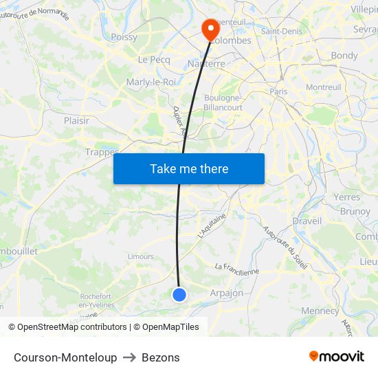 Courson-Monteloup to Bezons map