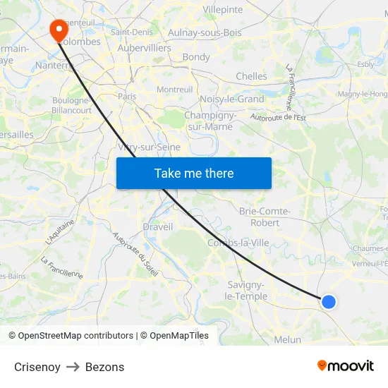 Crisenoy to Bezons map