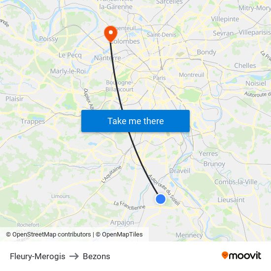 Fleury-Merogis to Bezons map