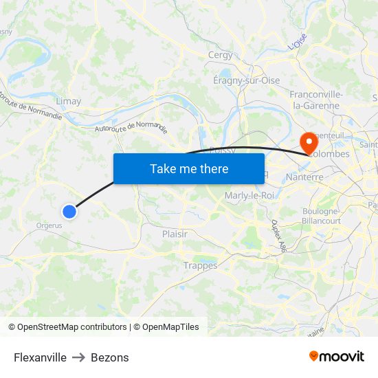 Flexanville to Bezons map