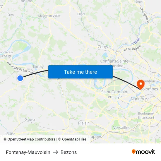 Fontenay-Mauvoisin to Bezons map