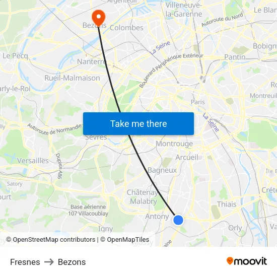 Fresnes to Bezons map