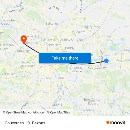 Gouvernes to Bezons map