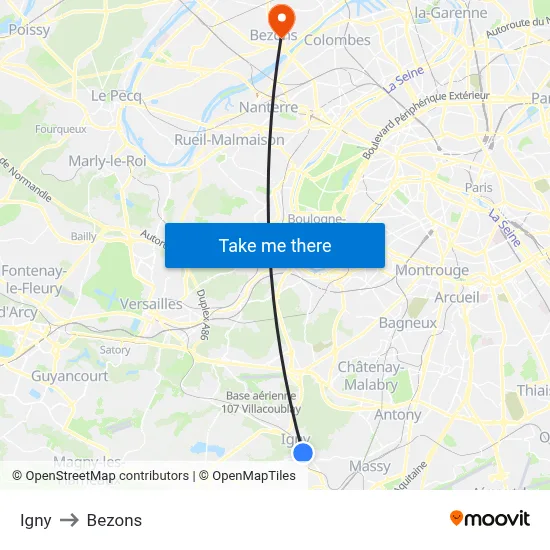 Igny to Bezons map