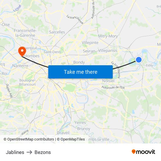 Jablines to Bezons map