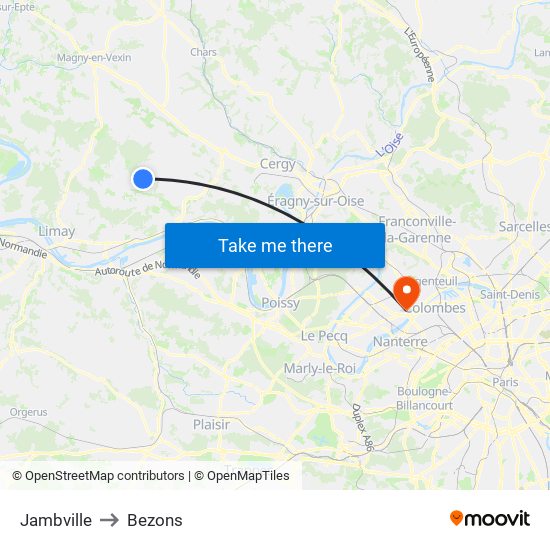 Jambville to Bezons map