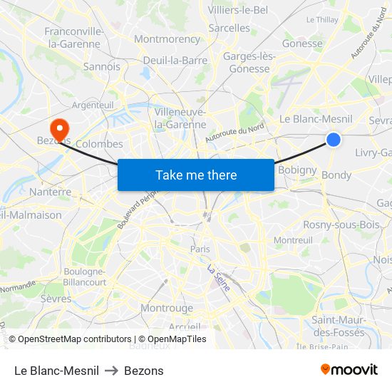 Le Blanc-Mesnil to Bezons map