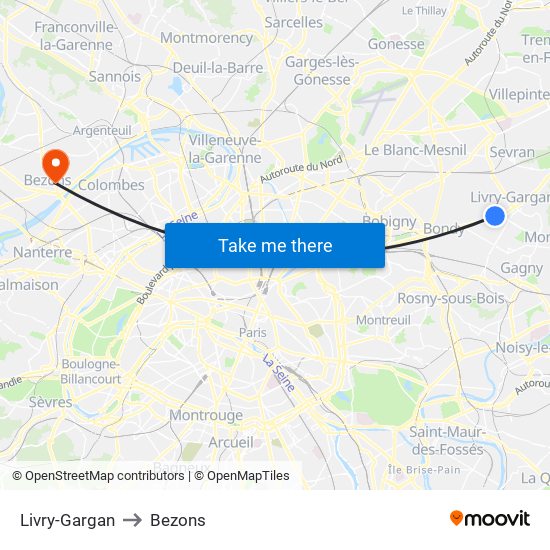 Livry-Gargan to Bezons map