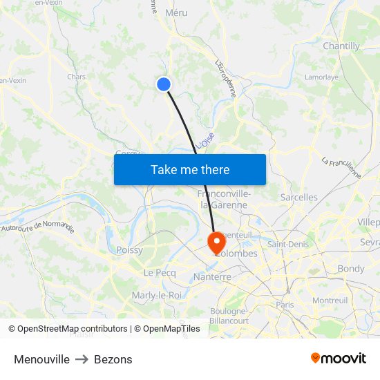 Menouville to Bezons map