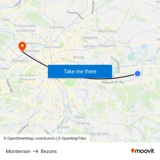 Montevrain to Bezons map