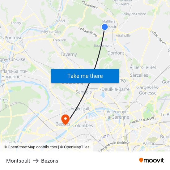 Montsoult to Bezons map