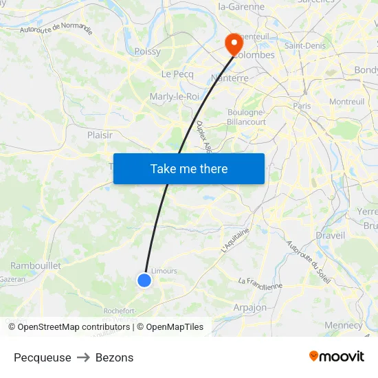 Pecqueuse to Bezons map