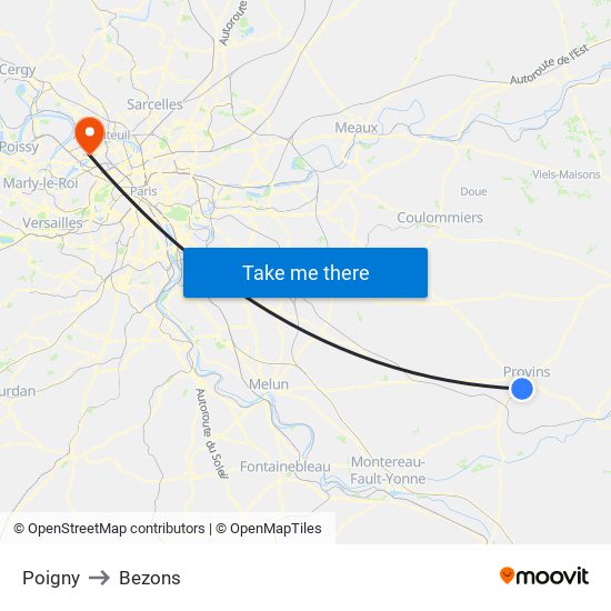 Poigny to Bezons map